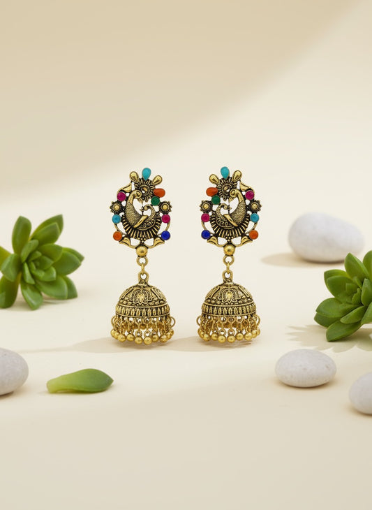 Antique Gold Oxidised Jhumka Earrings with Multicolor Beads | Traditional Temple Style Earrings for Women