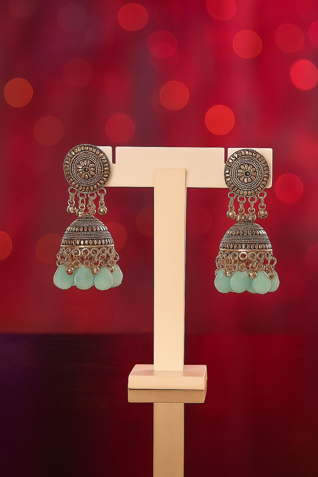 Oxidised Silver Jhumka Earrings with Blue Pearls