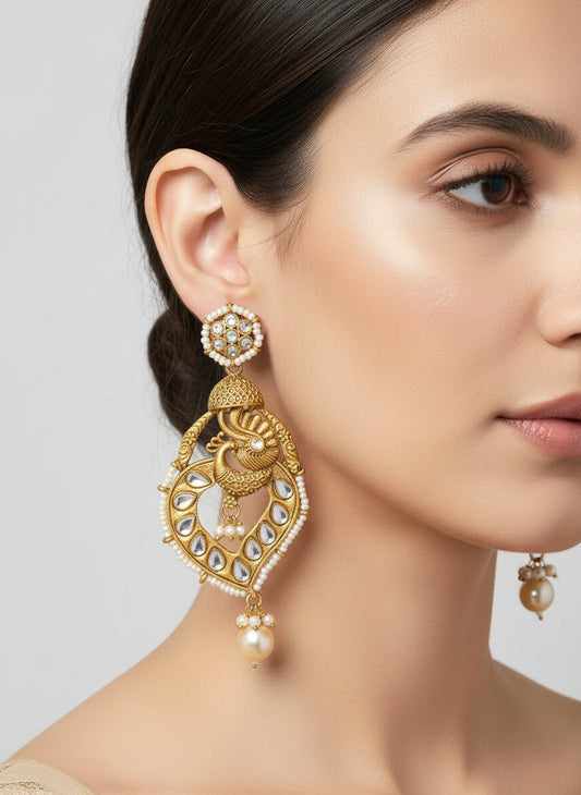 Royal Peacock Kundan Chandbali Earrings with Pearls | Traditional Indian Wedding & Festive Jewelry for Women and Girls | Antique Gold Finish