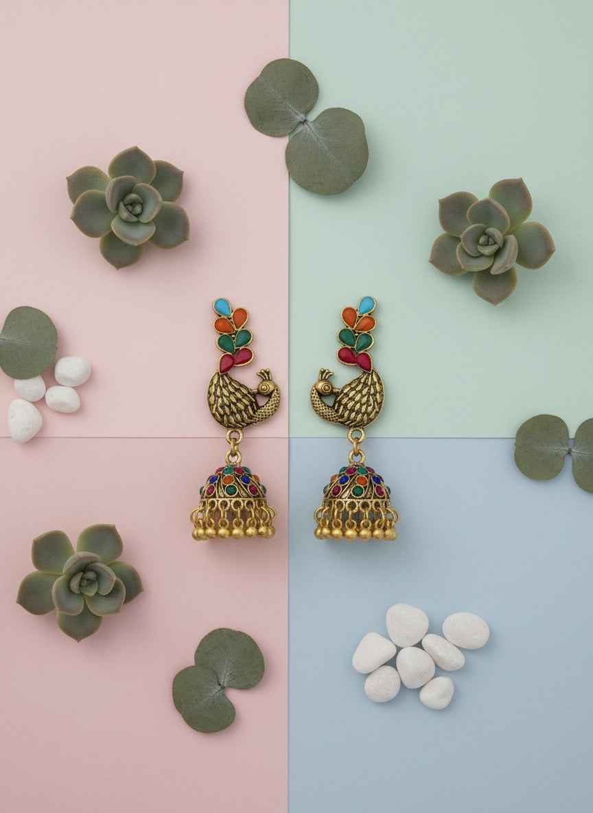 Antique Gold Peacock Jhumka Earrings with Multicolor Meenakari Work | Traditional Ethnic Earrings for Women