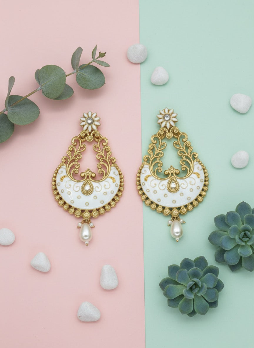 White Meenakari Chandbali Earrings – Gold Plated, Floral Studs, Traditional Indian Festive Jewelry