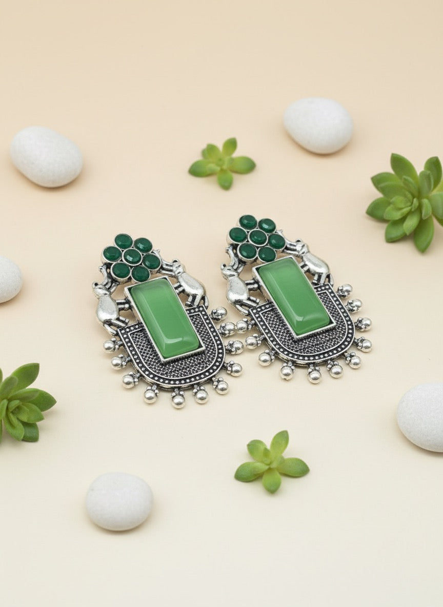 Oxidised Silver Turquoise Statement Earrings | Boho Ethnic Tribal Drop Earrings for Women & Girls