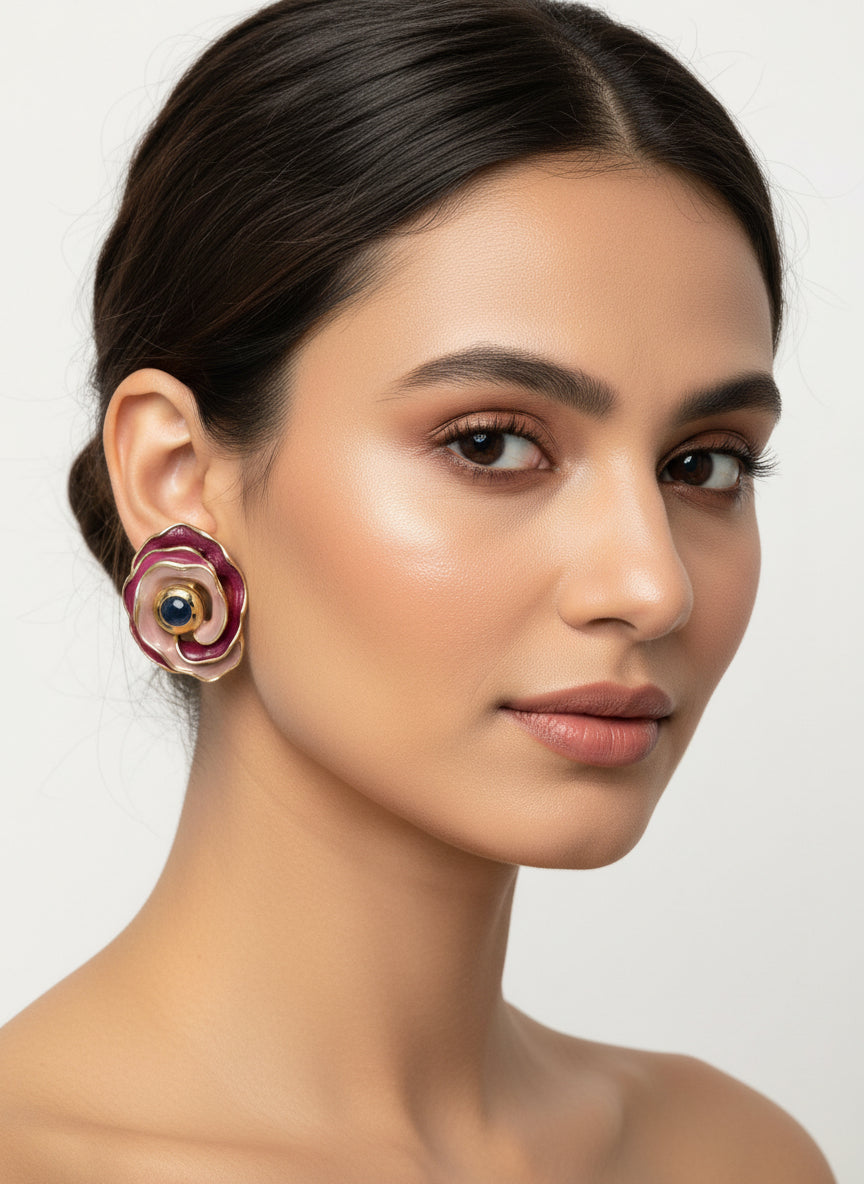 Premium Green Enamel Flower Stud Earrings for Women – Gold Plated Statement Earrings | Trendy Designer Earrings