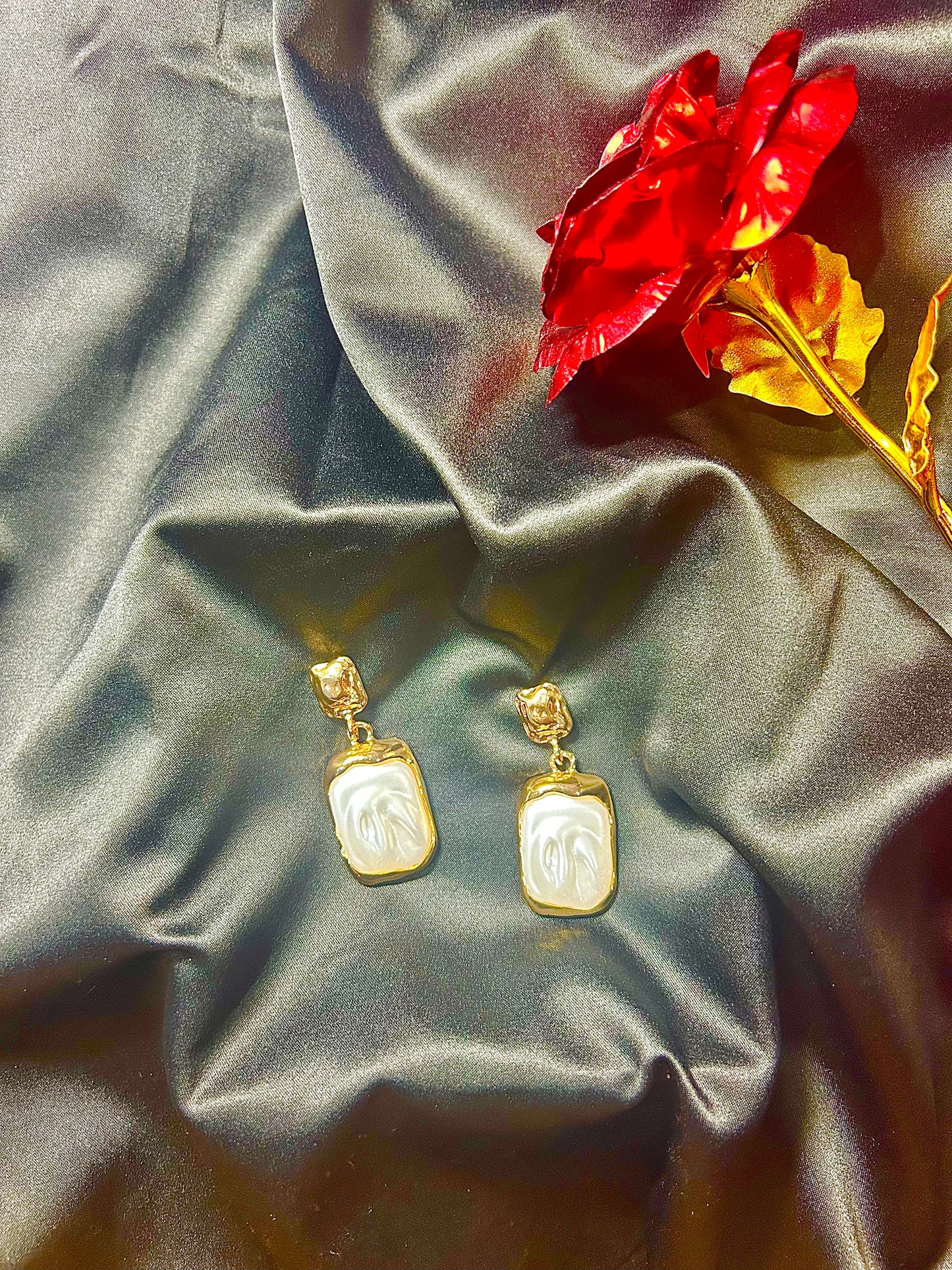 Glossy Pearl White Gold-Tone Drop Earrings – Bold & Elegant