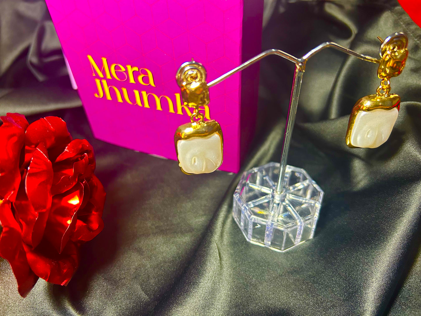 Glossy Pearl White Gold-Tone Drop Earrings – Bold & Elegant