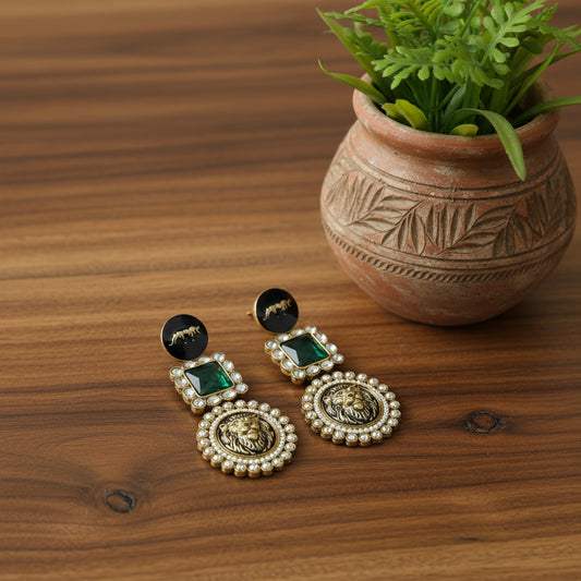 Lion Motif Kundan Statement Earrings | Regal Ethnic Jewelry for Women by Mera Jhumka