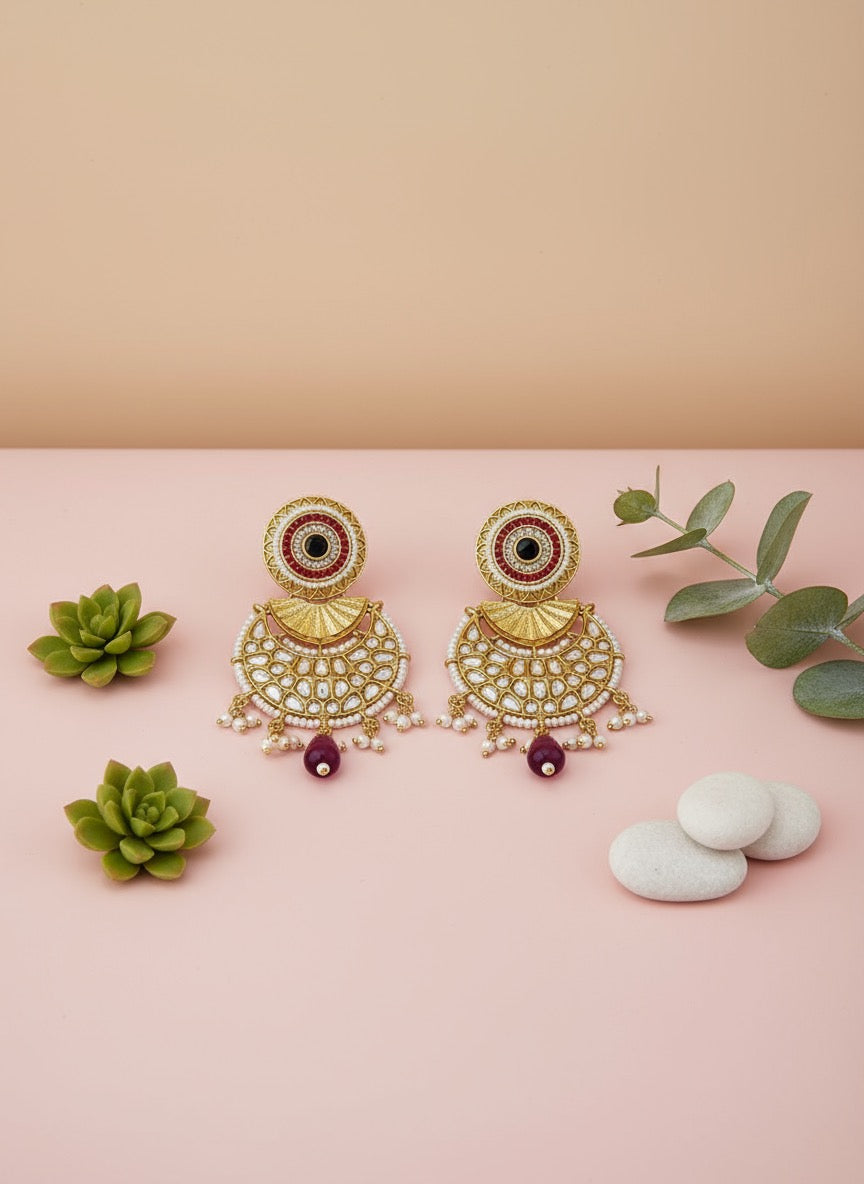 Royal Kundan Gold Earrings with Maroon Drop – Bridal Wedding Jhumkas for Festive Season