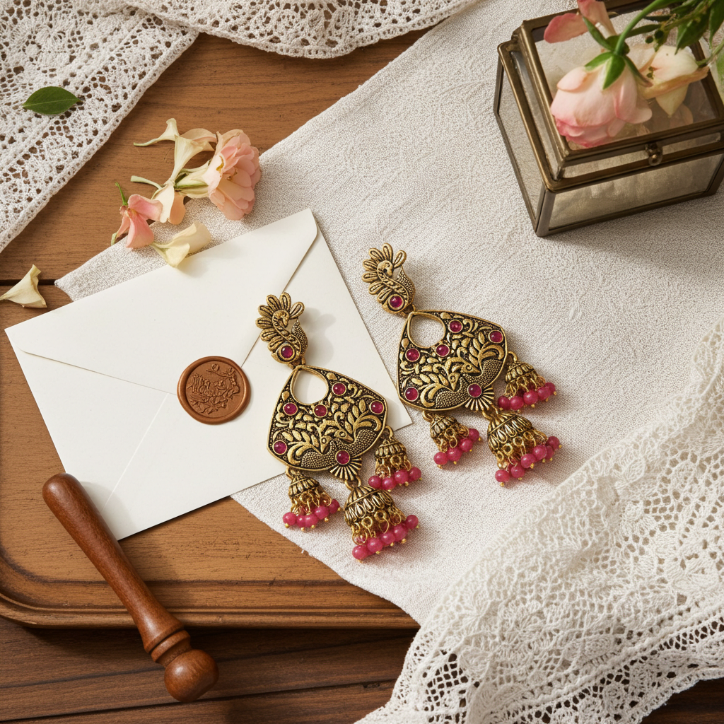 Antique gold-tone peacock jhumki earrings with pearl & stone detailing, traditional ethnic dangle earrings for women and girls