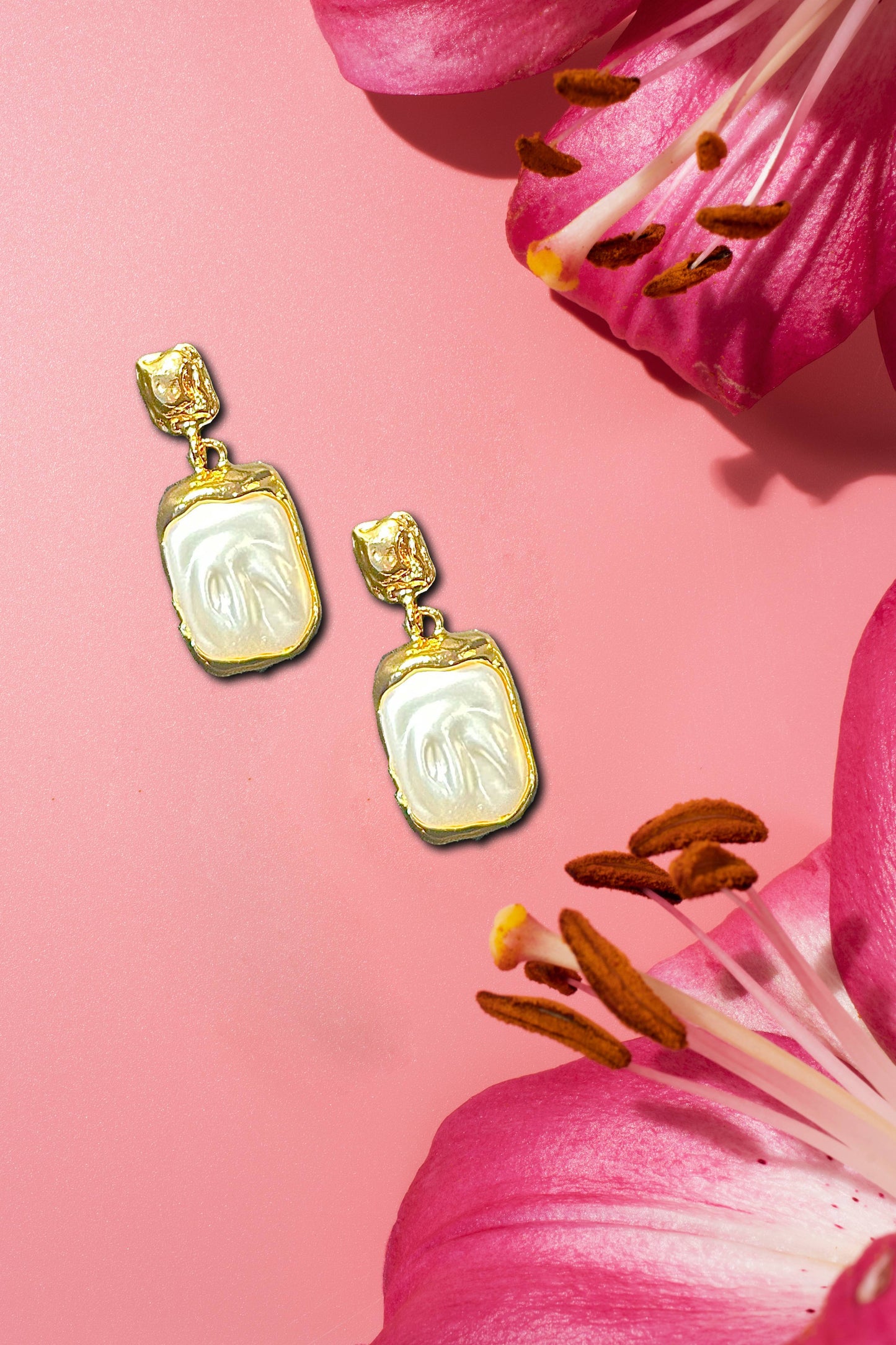 Glossy Pearl White Gold-Tone Drop Earrings – Bold & Elegant