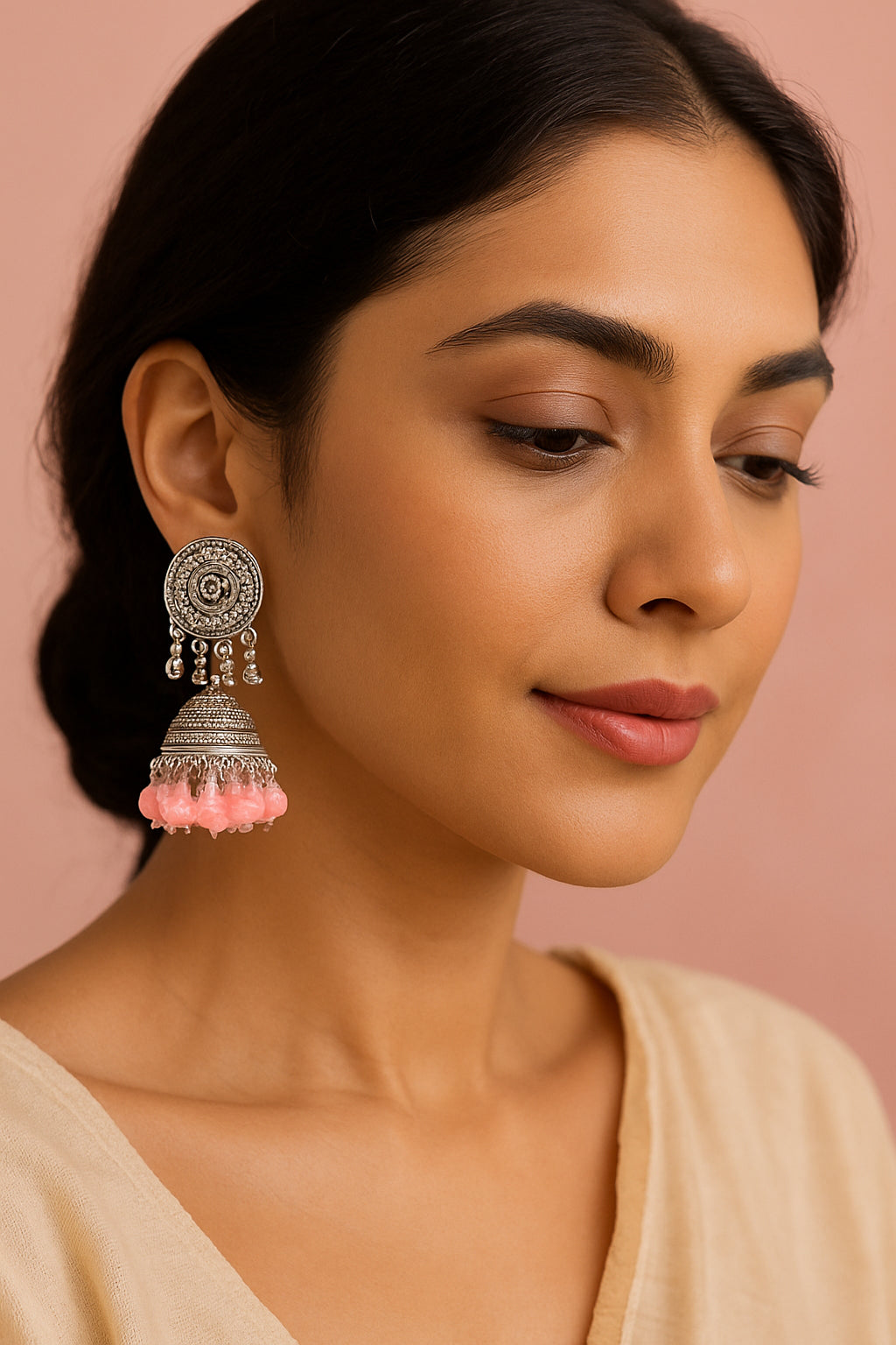 Antique Oxidized Silver Jhumka Earrings with Pink Beads – Traditional Indian Tribal Jewelry for Women and Girls