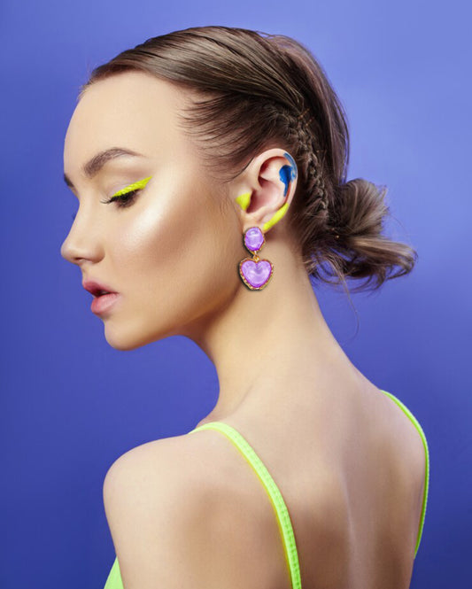 Lavender Love Heart Earrings – Gold-Rimmed Statement Drops