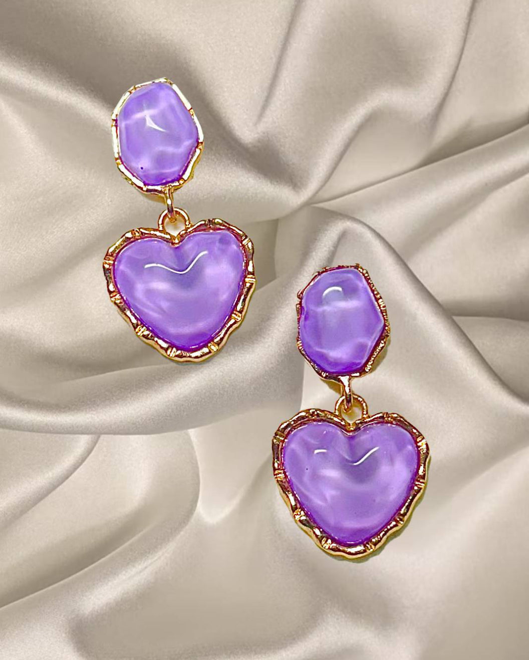 Lavender Love Heart Earrings – Gold-Rimmed Statement Drops
