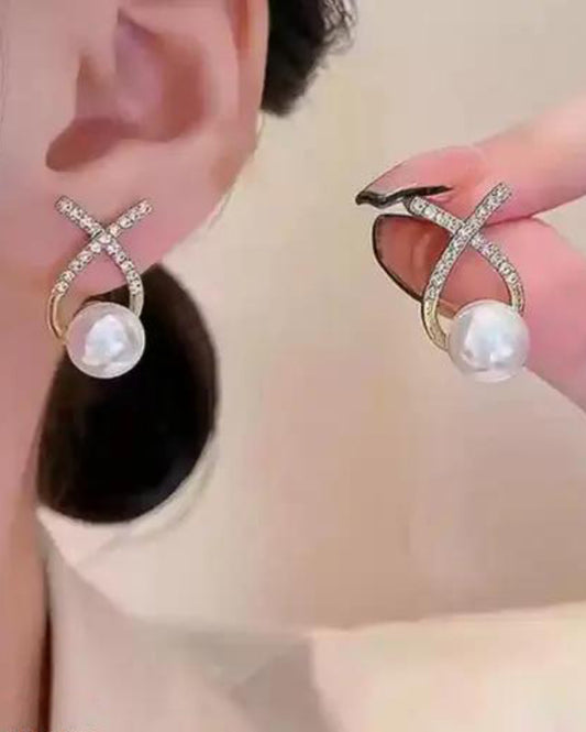 Elegant Pearl & Crystal X-Design Stud Earrings