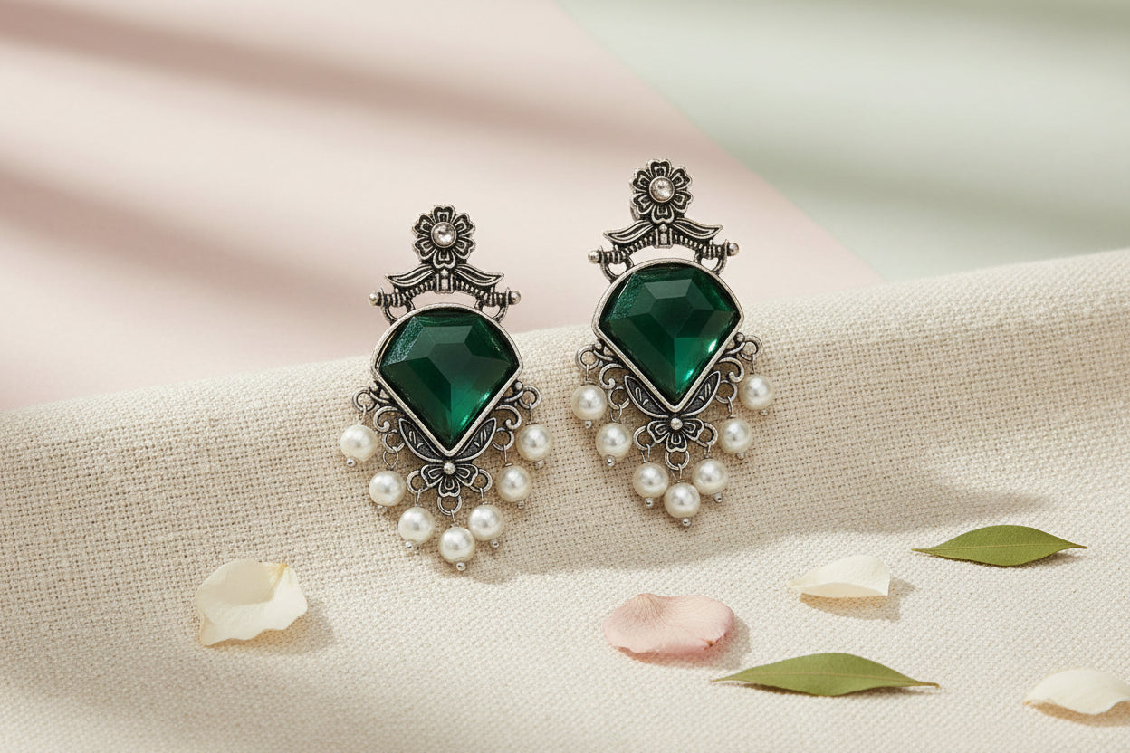 Oxidised Silver Pink & Green Stone Pearl Drop Earrings for Women | Traditional Festive Ethnic Earrings