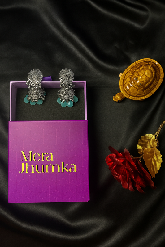 Oxidised Silver Jhumka Earrings with Blue Pearls
