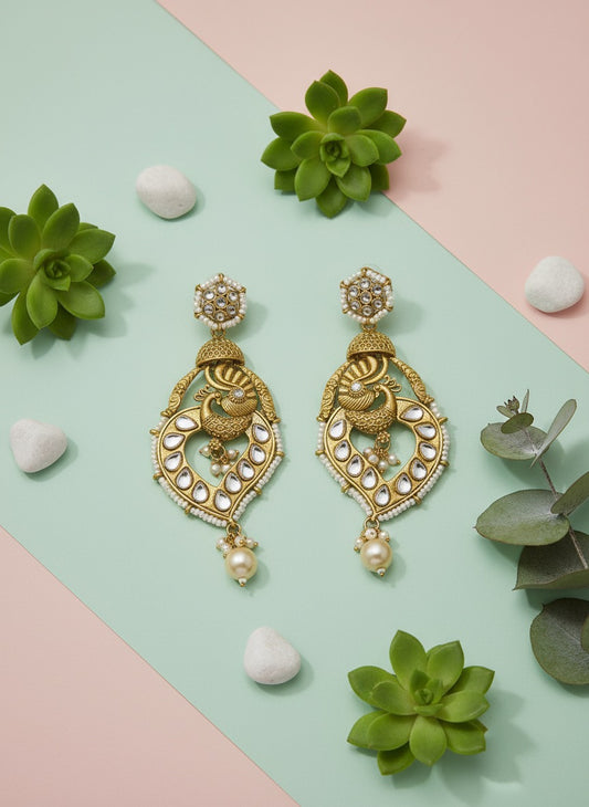 Royal Peacock Kundan Chandbali Earrings with Pearls | Traditional Indian Wedding & Festive Jewelry for Women and Girls | Antique Gold Finish