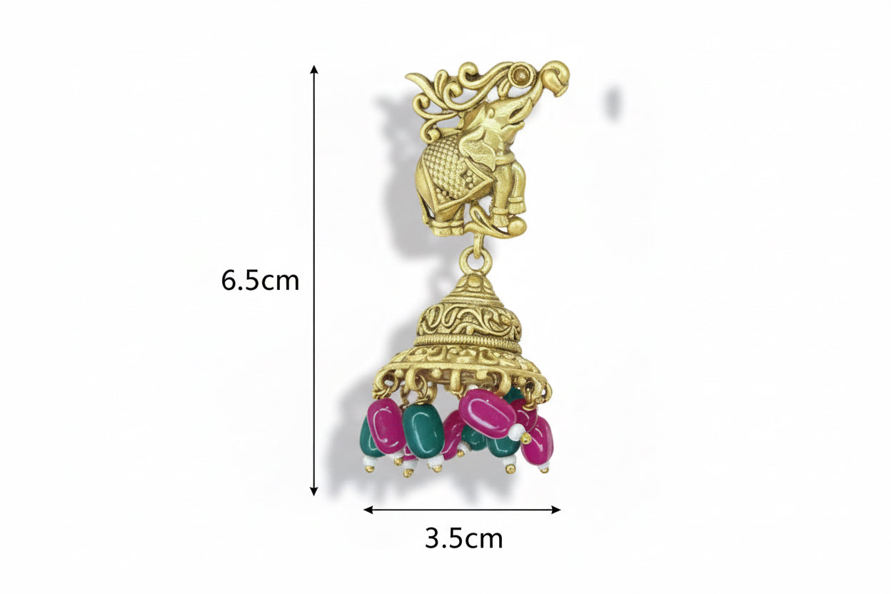 Traditional Elephant Motif Jhumka Earrings – Antique Gold Finish, Festive Wear