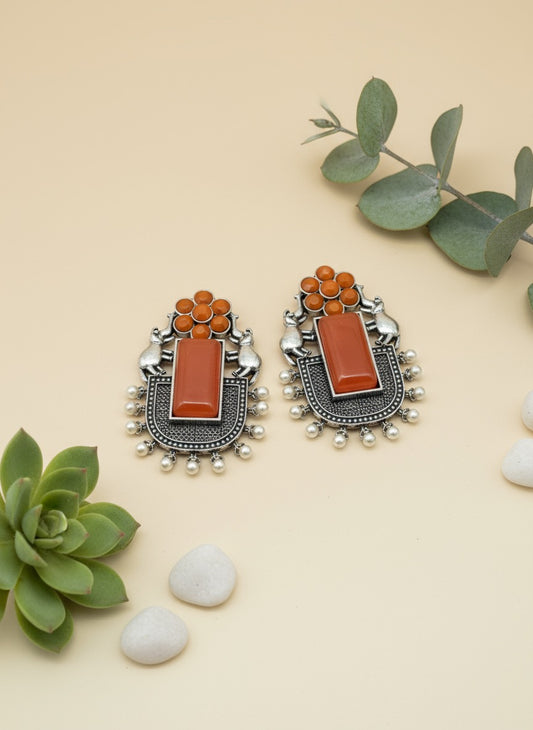 Oxidised Silver Turquoise Statement Earrings | Boho Ethnic Tribal Drop Earrings for Women & Girls