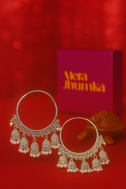 Traditional Silver Hoop Jhumka Earrings with Pearl Drops