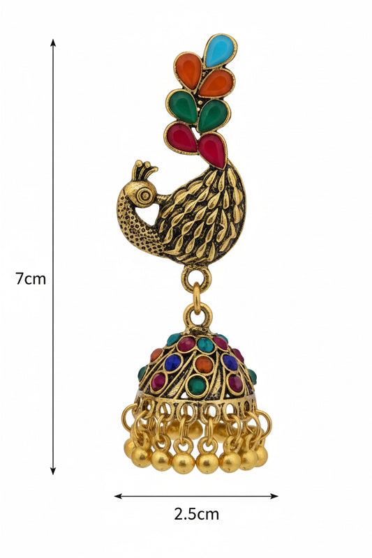 Antique Gold Peacock Jhumka Earrings with Multicolor Meenakari Work | Traditional Ethnic Earrings for Women