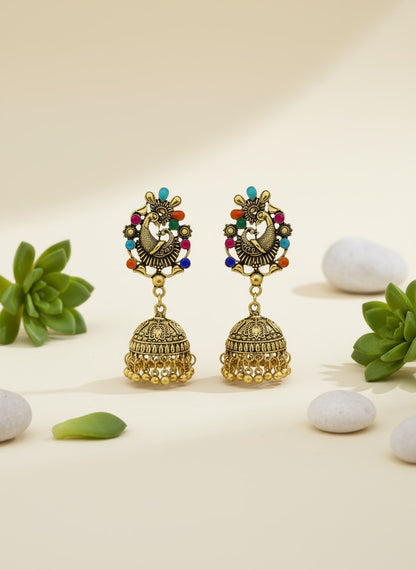Antique Gold Oxidised Jhumka Earrings with Multicolor Beads | Traditional Temple Style Earrings for Women