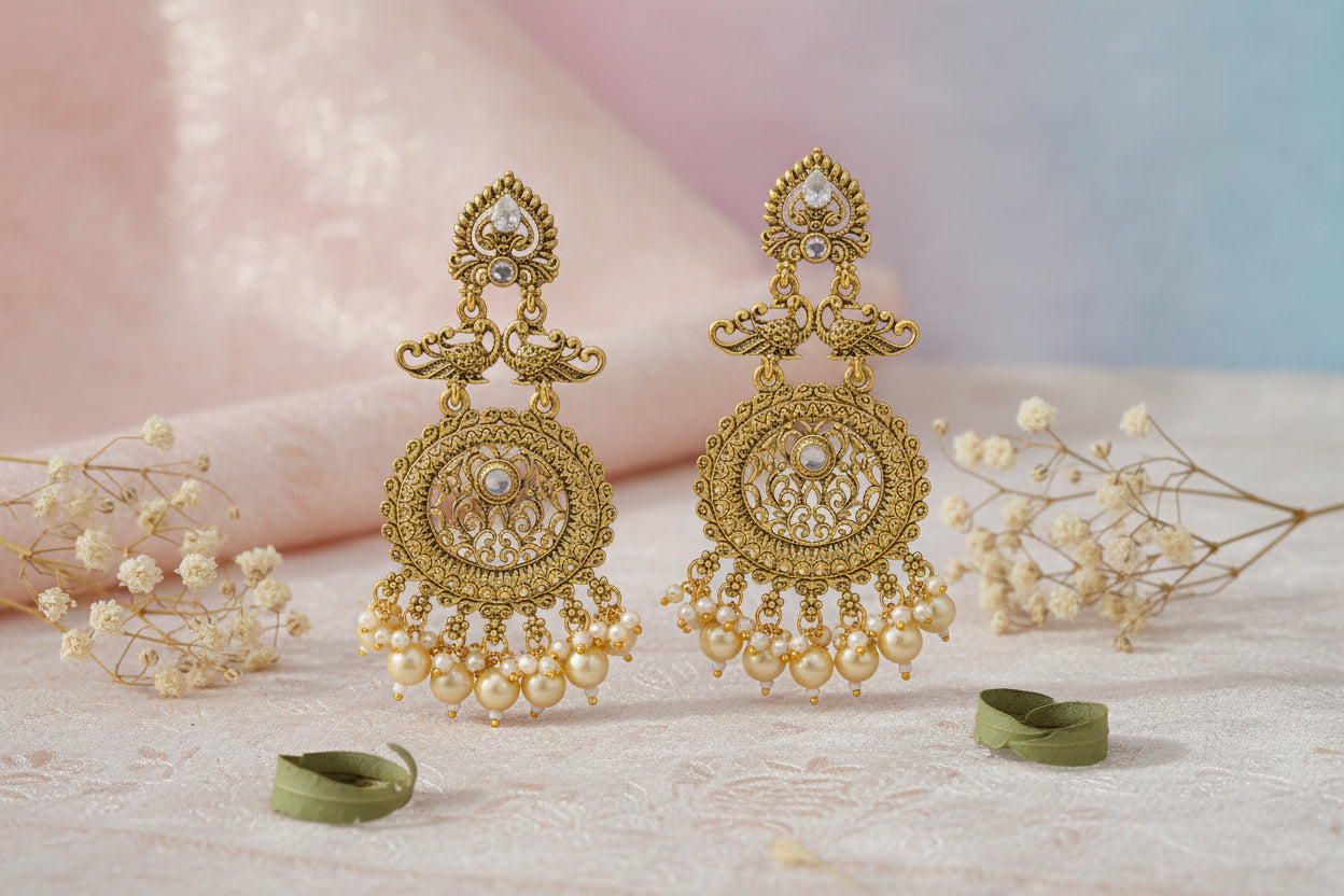 Antique Gold Peacock Chandbali Earrings with Beads – Traditional Indian Ethnic Jhumka for Women & Girls