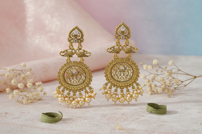 Antique Gold Peacock Chandbali Earrings with Beads – Traditional Indian Ethnic Jhumka for Women & Girls
