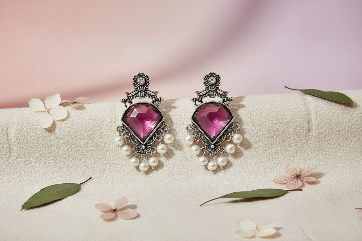 Oxidised Silver Pink & Green Stone Pearl Drop Earrings for Women | Traditional Festive Ethnic Earrings