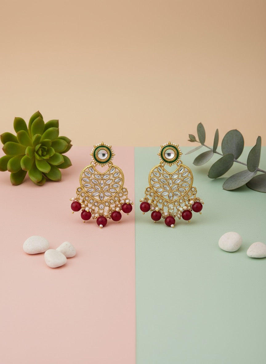 Royal Kundan Gold-Plated Earrings with Red Beads | Traditional Ethnic Bridal Jewellery for Women