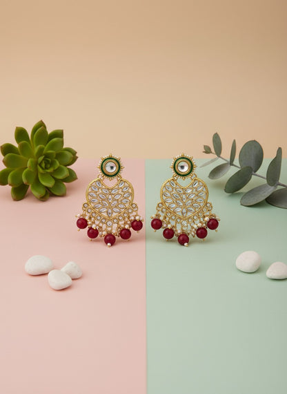 Royal Kundan Gold-Plated Earrings with Red Beads | Traditional Ethnic Bridal Jewellery for Women