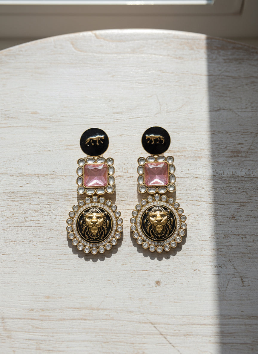 Lion Motif Kundan Statement Earrings | Regal Ethnic Jewelry for Women by Mera Jhumka