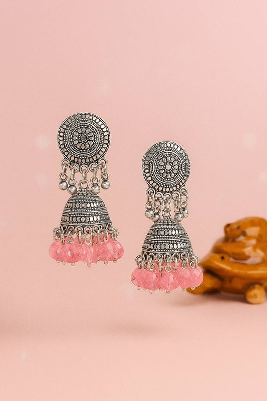 Antique Oxidized Silver Jhumka Earrings with Pink Beads – Traditional Indian Tribal Jewelry for Women and Girls