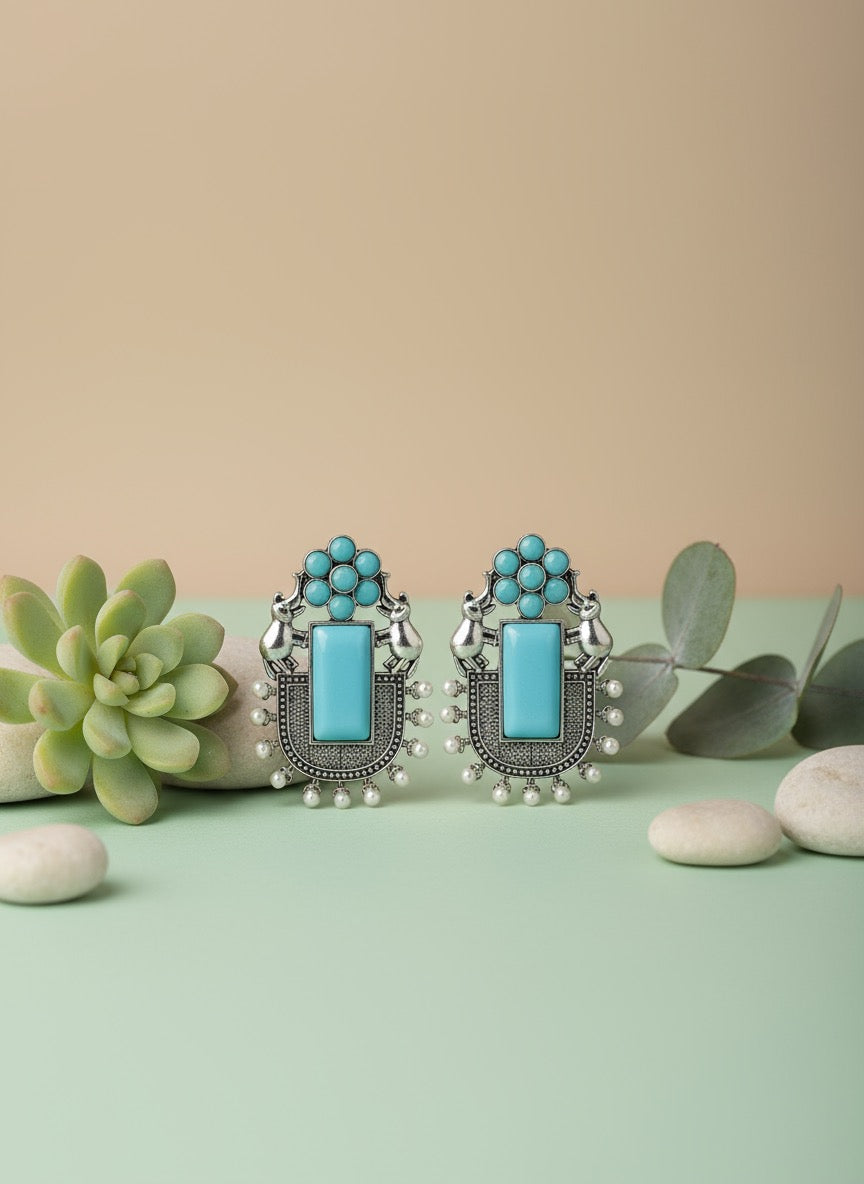 Oxidised Silver Turquoise Statement Earrings | Boho Ethnic Tribal Drop Earrings for Women & Girls