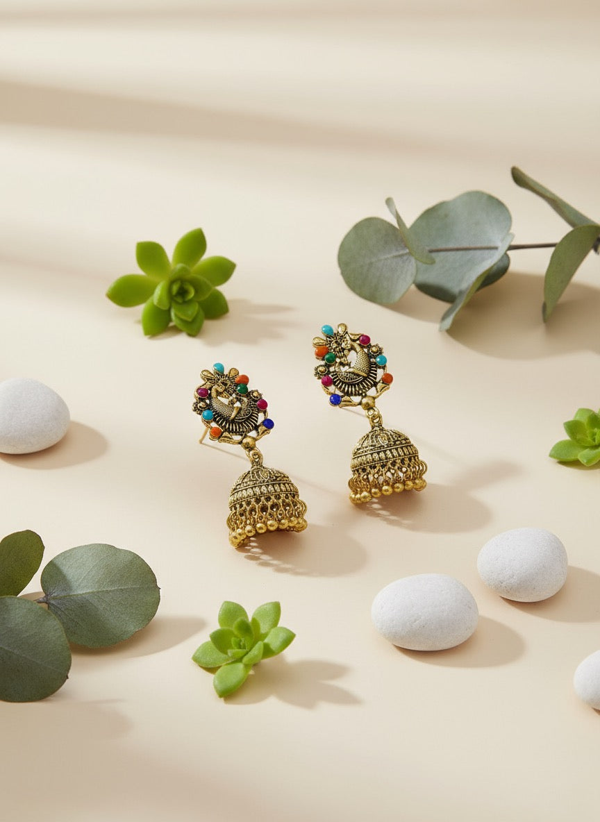 Antique Gold Oxidised Jhumka Earrings with Multicolor Beads | Traditional Temple Style Earrings for Women
