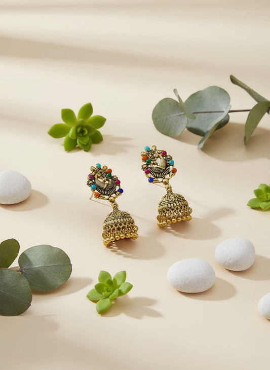Antique Gold Oxidised Jhumka Earrings with Multicolor Beads | Traditional Temple Style Earrings for Women