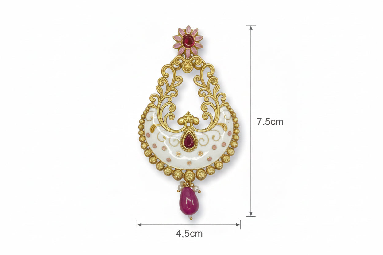 White Meenakari Chandbali Earrings – Gold Plated, Floral Studs, Traditional Indian Festive Jewelry