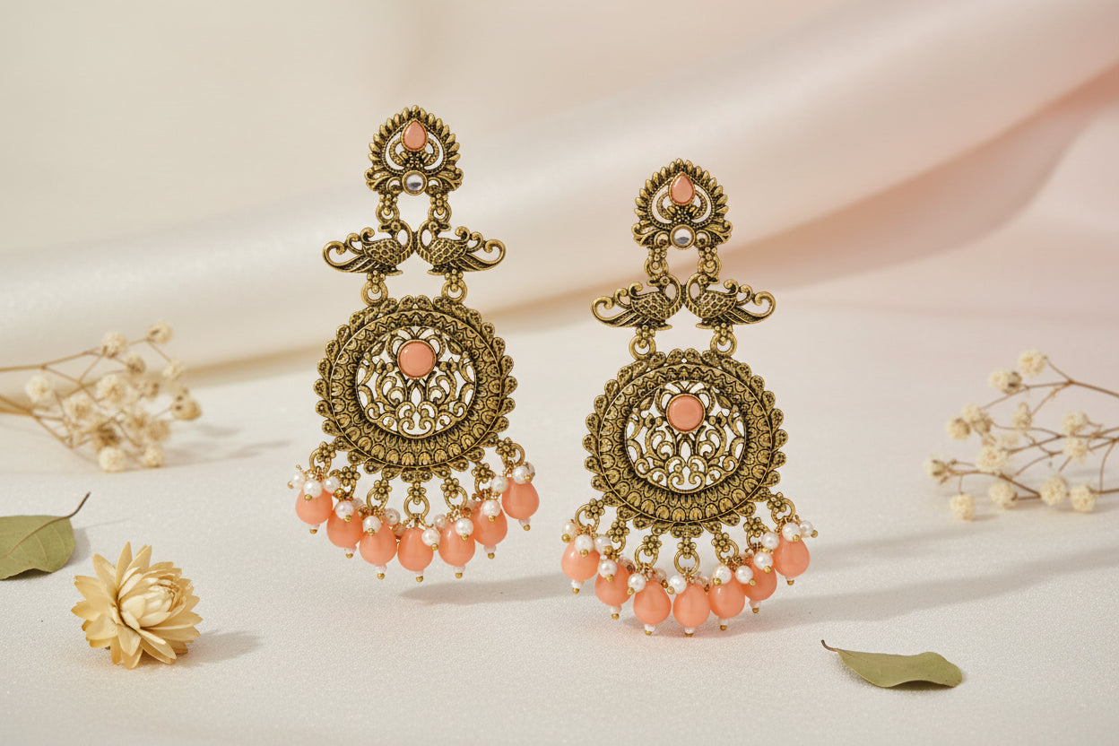 Antique Gold Peacock Chandbali Earrings with Beads – Traditional Indian Ethnic Jhumka for Women & Girls