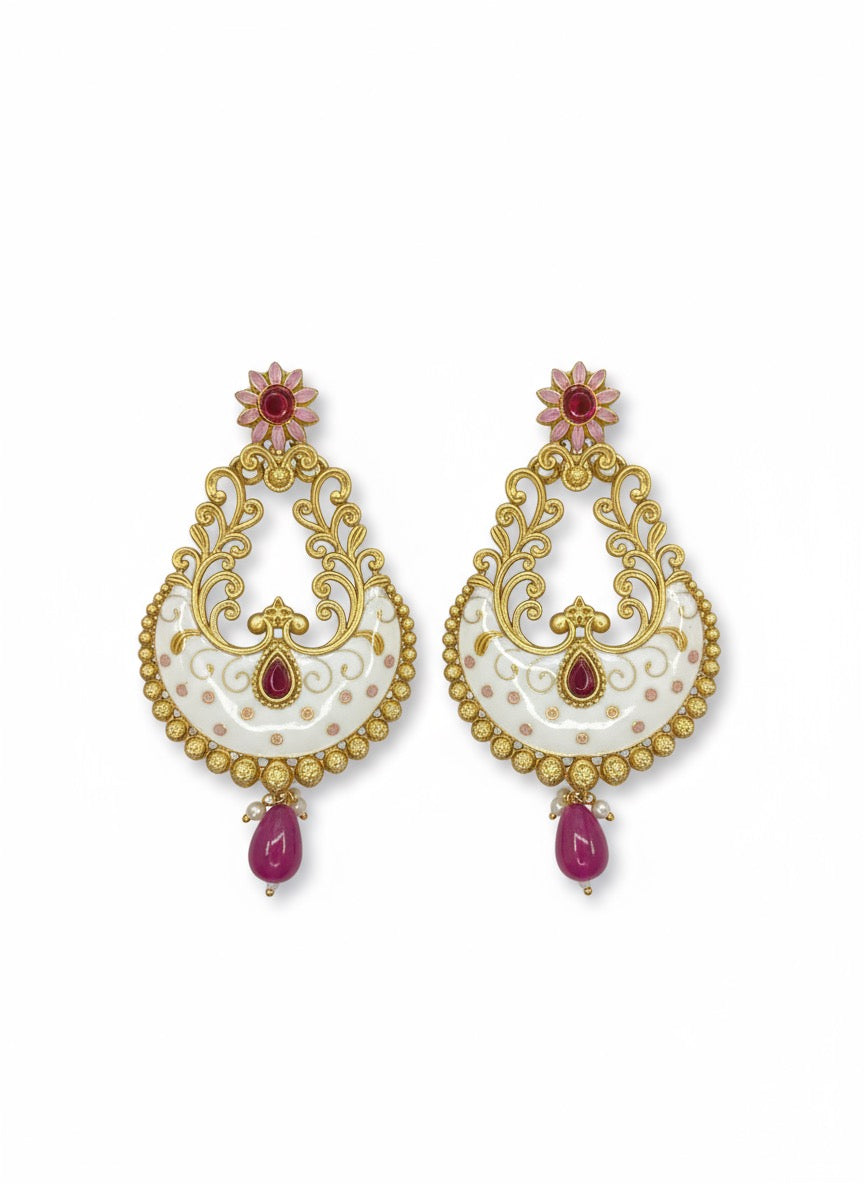 White Meenakari Chandbali Earrings – Gold Plated, Floral Studs, Traditional Indian Festive Jewelry