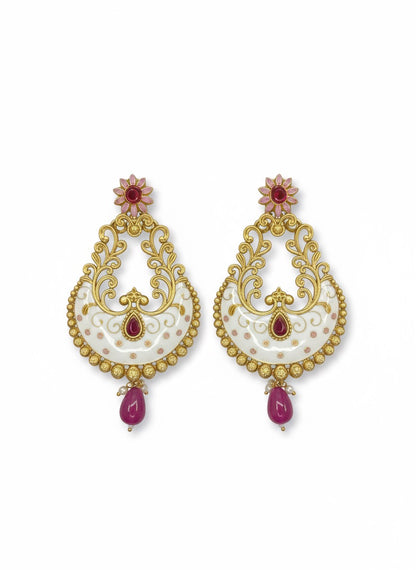 White Meenakari Chandbali Earrings – Gold Plated, Floral Studs, Traditional Indian Festive Jewelry