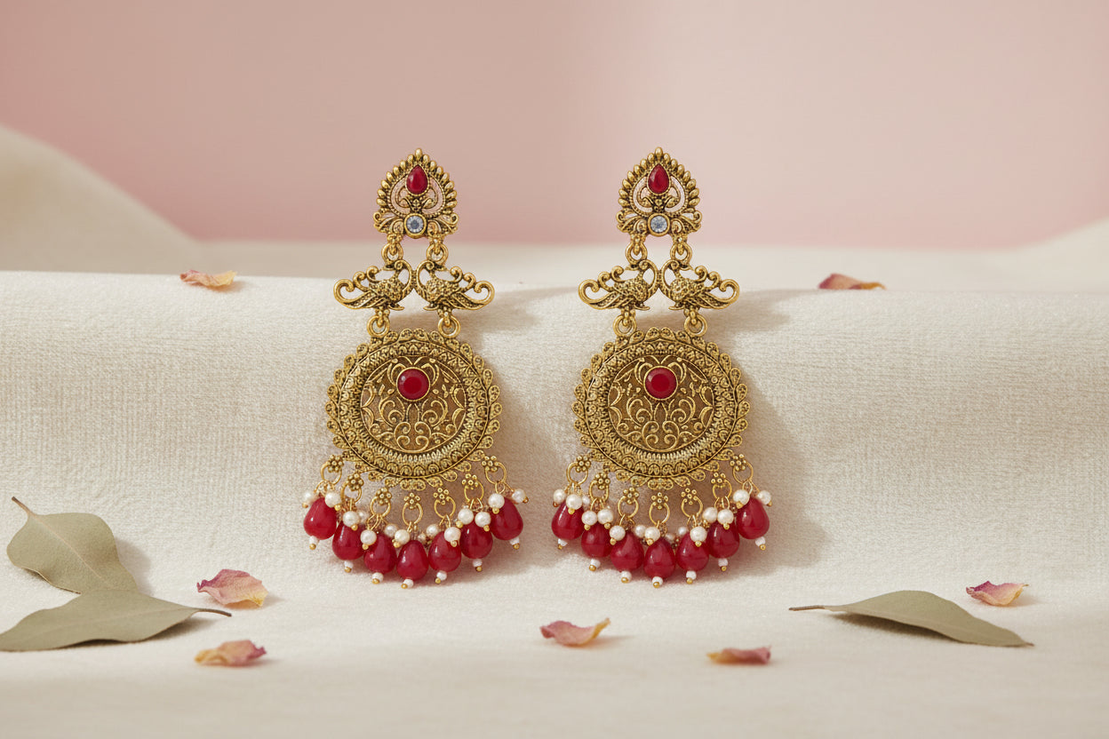 Antique Gold Peacock Chandbali Earrings with Beads – Traditional Indian Ethnic Jhumka for Women & Girls