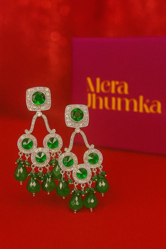 Elegant Green Stone & Crystal Drop Earrings