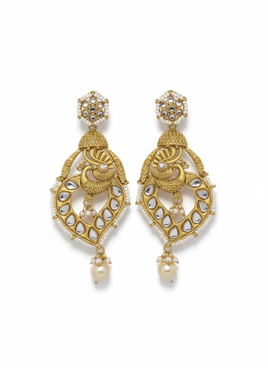 Royal Peacock Kundan Chandbali Earrings with Pearls | Traditional Indian Wedding & Festive Jewelry for Women and Girls | Antique Gold Finish