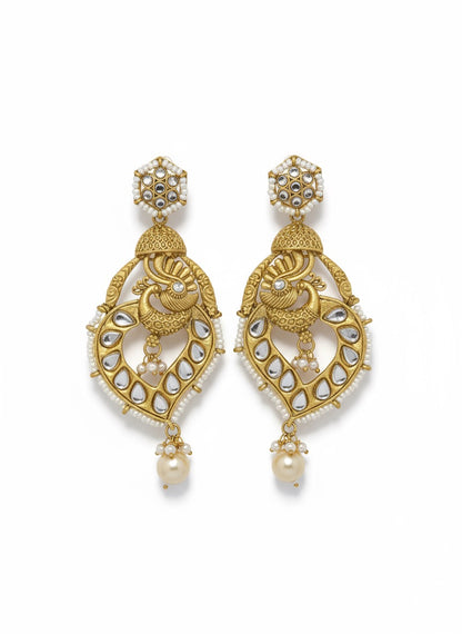 Royal Peacock Kundan Chandbali Earrings with Pearls | Traditional Indian Wedding & Festive Jewelry for Women and Girls | Antique Gold Finish