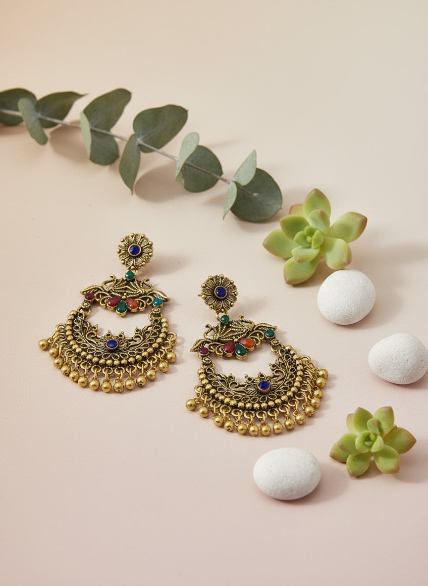 Antique Gold Multicolor Jhumka Earrings for Women | Wedding Ethnic Jewellery