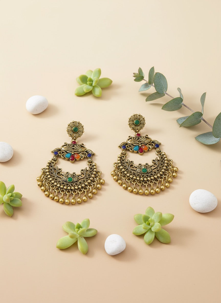 Antique Gold Multicolor Jhumka Earrings for Women | Wedding Ethnic Jewellery