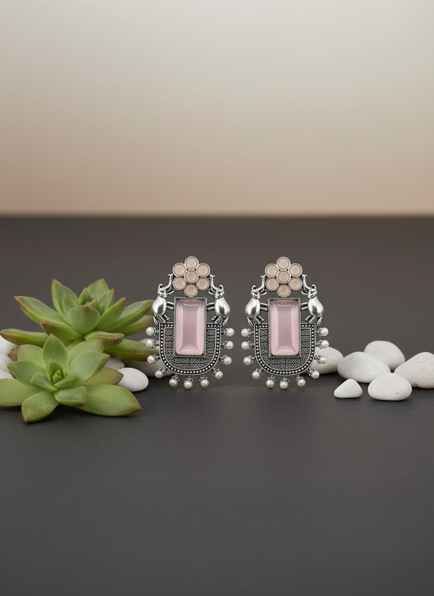 Oxidised Silver Turquoise Statement Earrings | Boho Ethnic Tribal Drop Earrings for Women & Girls