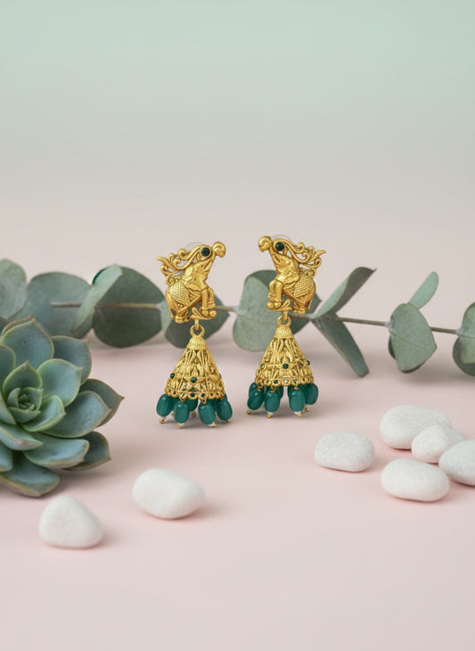 Traditional Elephant Motif Jhumka Earrings – Antique Gold Finish, Festive Wear