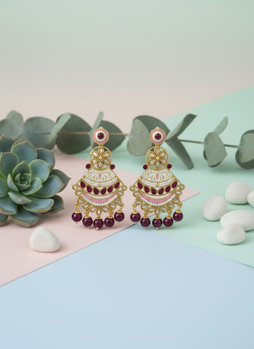Maroon Kundan Chandbali Earrings for Weddings & Festive Wear