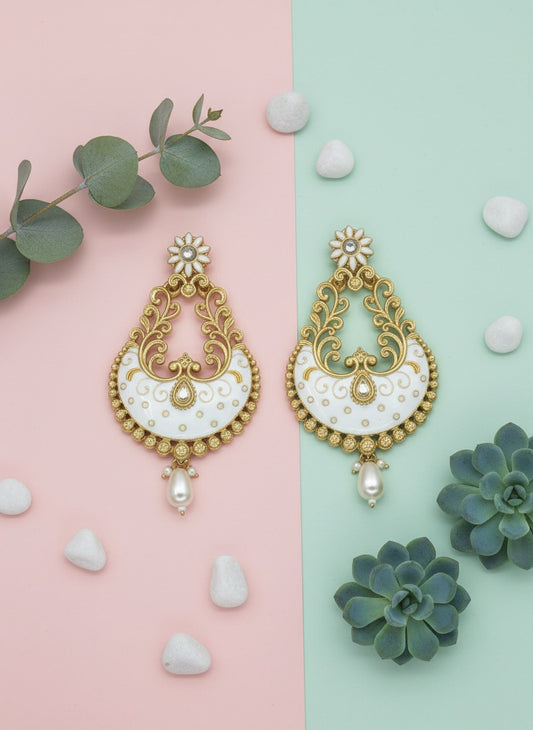 White Meenakari Chandbali Earrings – Gold Plated, Floral Studs, Traditional Indian Festive Jewelry