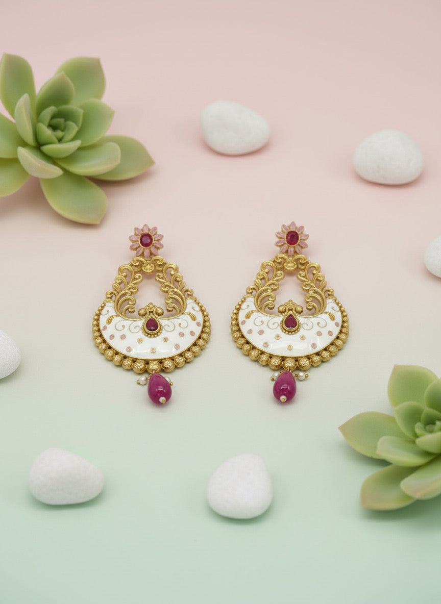 White Meenakari Chandbali Earrings – Gold Plated, Floral Studs, Traditional Indian Festive Jewelry